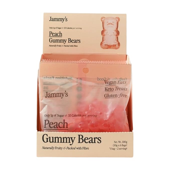 Jammy's™ - Peach Gummy Bears | Sugar-Free & Vegan-Friendly | Keto-Friendly, Gluten-Free, Low Carb, High Fibre & Naturally Fruity | Delicious, Soft & Chewy | Box of 6 x 50g Bags