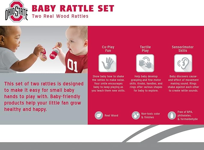 BabyFanatic Wood Rattle 2 Pack - NCAA Ohio State Buckeyes - Officially Licensed Baby Toy Set