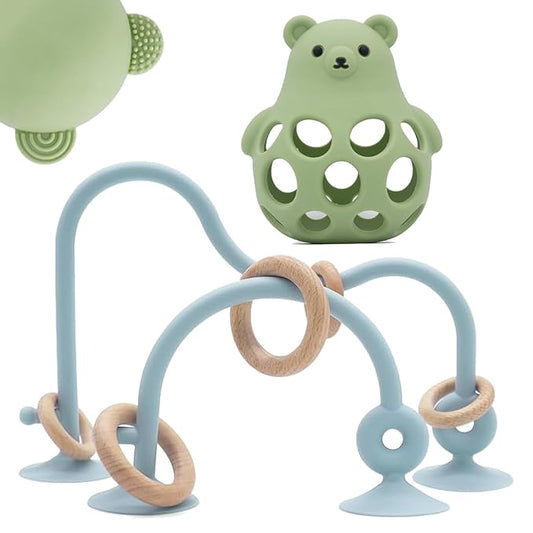 Baby High Chair Suction Toys Teething Chew - Baby Table Toys, Teething Toys Silicone Teethers, Food Grade Silicon for 6 12 18 Months (Green Blue)