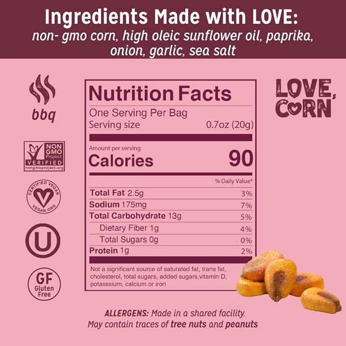 LOVE CORN BBQ 0.7oz x 20 Bags - Delicious Crunchy Corn - Healthy Family Snacks - Gluten Free, Kosher, NON-GMO - Alternative for Chips, Nuts, Crackers & Pretzels - Perfect for Charcuterie Boards