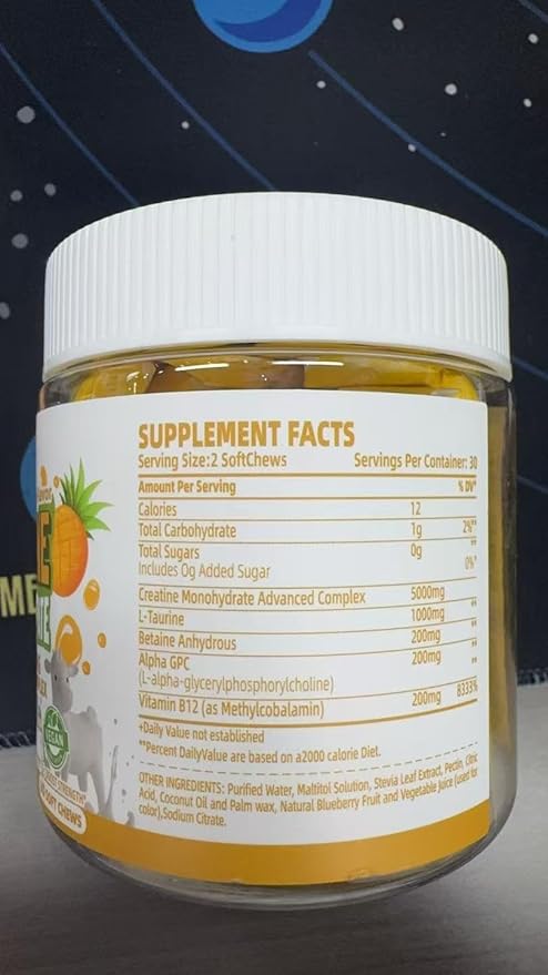 Creatine Monohydrate Chews Complex 6400mg for Men & Women -Advanced Formula W/L-Taurine + Vitamin B12, Sugar Free Chewable Supplement,60 Pineapple Softchews