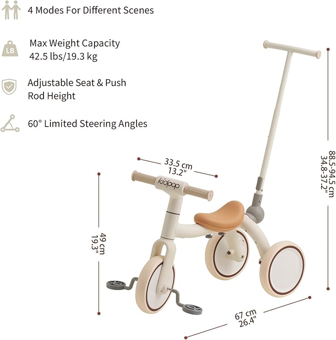 4-in-1 Toddler Tricycle with Adjustable Push Handle for 1-4 Year Old,Birthday Gift and Toy for Boys and Girls Removable Pedals Balance Bike&Scooter (White)