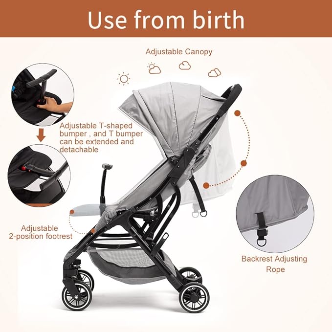 COOL KIDS Portable Stroller with Automatic Fold，Lightweight Umbrella Stroller with Pop Out Sun Canopy for Travel(Gray)