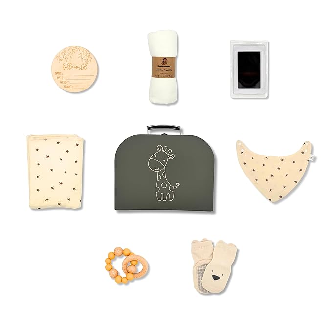 Baby Gift Set Boy or Girl - Baby Shower Basket Suitcase with Large Plush Blanket, Muslin Swaddle, Natural Teether, Wood Birth Record, Hand & Foot Print Kit, Nemo Socks, Baby Gift, Unisex Forest Green