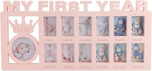 ESTAMICO Baby Picture Frames My Frist Year Photo Keepsake for Baby 1-12 Months Memory, Pink