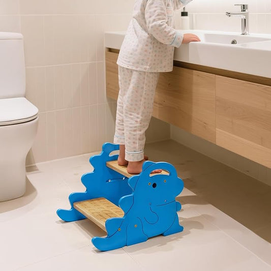 COSYLAND Height Adjustable Step Stools for Kids - Supports Up to 220 KBS Wooden Step Stool for Toddlers, Portable Stepping Stools with Handle for Kitchen, Bathroom (Natural & Blue)