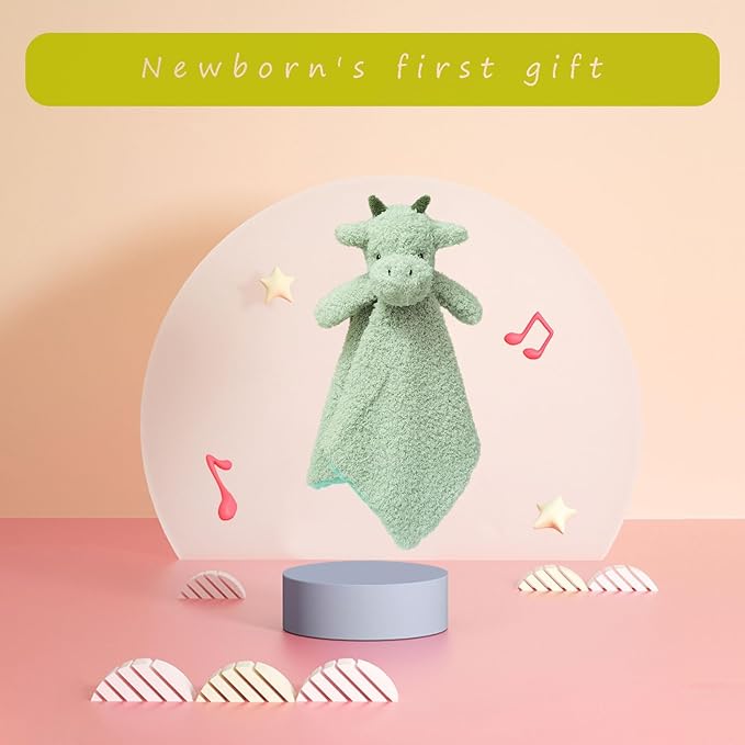 Baby Green Dragon Soft Stuffed Animal Security Blanket, Plush Dinosaur Character Lovey Blanket, Baby Shower/Nursery Gift, Newborn Infant Toddler Snuggle Blankie for Boys Girls, 18 Inches