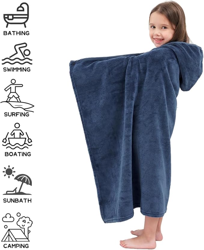 Hiturbo Kids Fleece Hooded Bath Towel: Soft Plush Pool Beach Towel Blanket - 50"x30" Toddler Towels Wrap for Boys Girls 3-12 Years (Navy)
