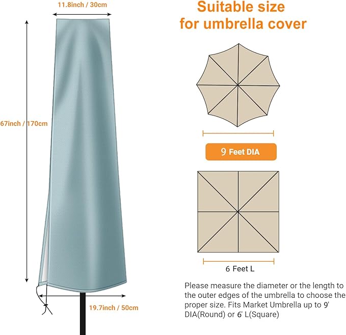 OKPOW Umbrella Covers for Outdoor Umbrellas - Small Patio Umbrella Cover for 6 ft to 9 ft Outdoor Table Umbrella - Waterproof Windproof Anti-UV Garden Parasol Covers, Grey
