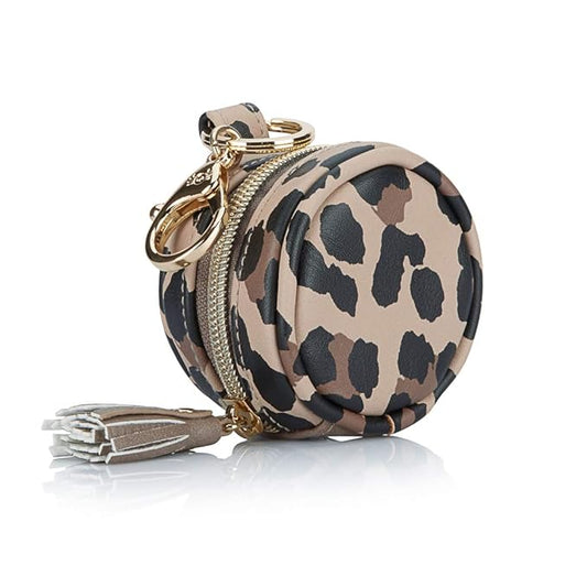 Itzy Ritzy Pacifier Holder Case with Clip - Pacifier Case Includes Clasp to Easily Attach to a Diaper Bag or Purse, Measures 2.5" in Diameter and Holds 2 Pacifiers (Leopard)