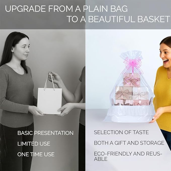 Cotton Rope Gift Basket with Handle– White Woven Storage Basket with Organza Lace, Decorative Bin for Baby Shower, Housewarming, Nursery, Toys, Towels, Baby Accessories, Easter, Holiday Gifts