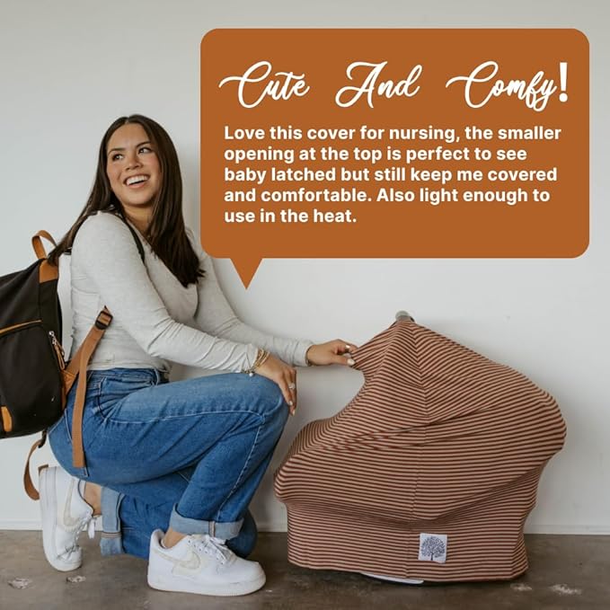 Parker Baby 4 in 1 Car Seat Cover for Girls and Boys - Stretchy Carseat Canopy, Nursing Cover, Grocery Cart Cover, High Chair Cover - “Clay/Alpaca Stripes”