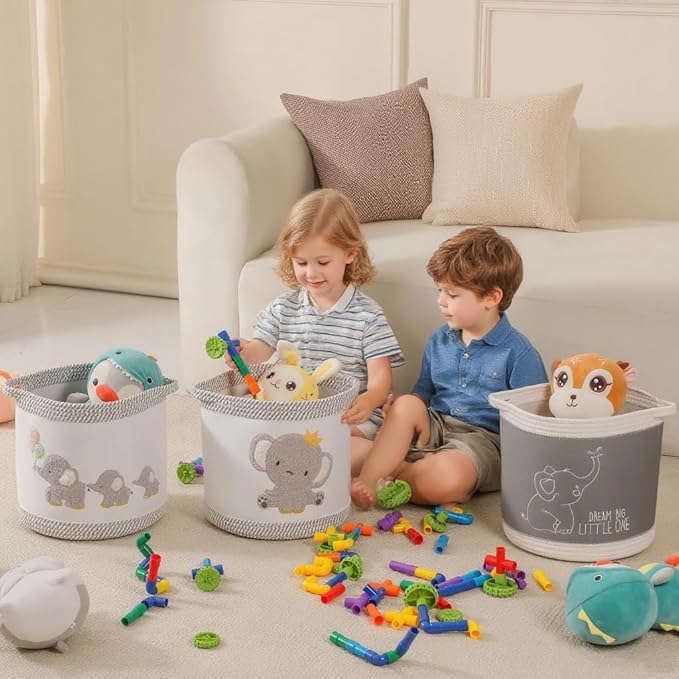 3-Piece Woven Baby Toy Blanket Storage Baskets Laundry Hampers, Elephant Design Foldable Nursery Organizer for Toys Clothes Stuffed Animals, Roomy Sturdy Hamper for Baby Gift Nursery Decor Basket