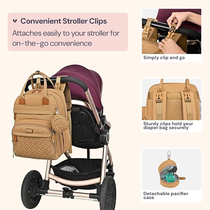 BabbleRoo Diaper Bag Backpack - Baby Essentials Travel Tote - Multi function Water Resistant Diaper Bag, Travel Essentials Baby Bag with Changing Pad, Stroller Straps & Pacifier Case - Unisex, Beige