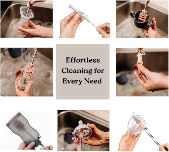 Haakaa Silicone Cleaning Brush Kit – Household Cleaning Brushes for Bottles and Crevices – Food-Grade Silicone: Dishwasher Safe (Kit-Grey)