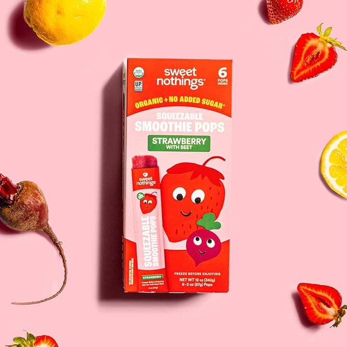 Sweet Nothings, Strawberry, USDA Organic Kids' Squeezable Fruit Smoothie Popsicle Pops, Value Pack of 24 - Dye-Free, No Added Sugar, Dairy-Free, Vegan, Organic Fruit and Veggie Pops, Freeze & Enjoy