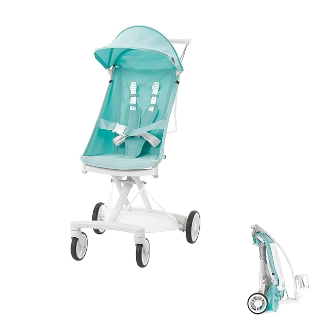 Evolur Roamer Ultra Light Stroller in White Blue, Travel-Ready Compact Stroller with One-Hand Fold, 33 lb Capacity, Sun Canopy & Cup Holder, Easy Clean, Smooth Ride for Everyday Use