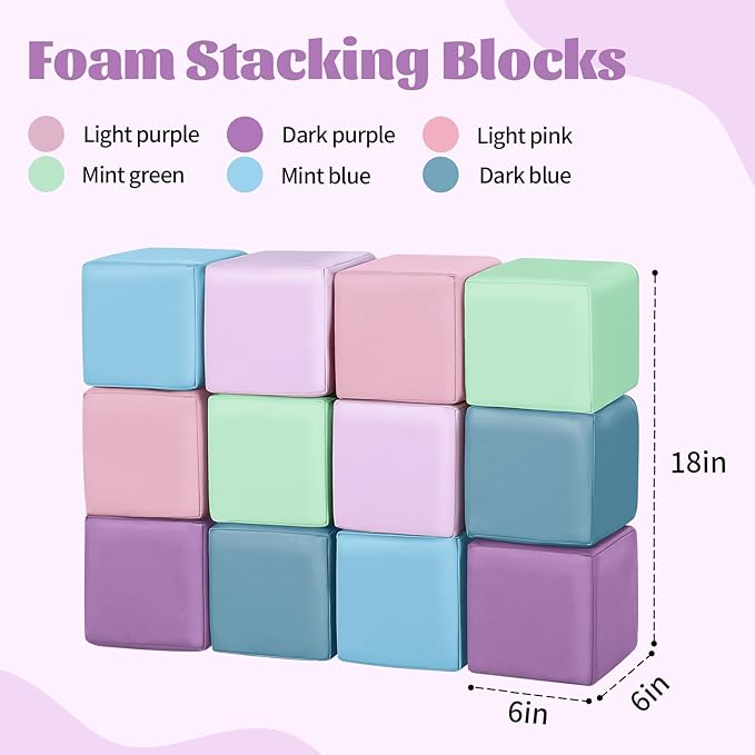 Foam Building Blocks for Toddlers：12-Pieces Wipeable Leather Stacking Cubes Kids - Large Soft Toys Play Set for Learning Construction Baby Preschool Daycare Therapy Birthday Gift (Purple Pink)