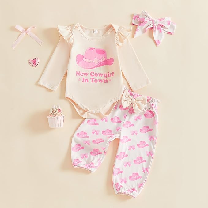 Fernvia Western Newborn Baby Girl Clothes Long Sleeve Letter Print Romper Animal Print Pants Headband 3Pcs Outfits Sets