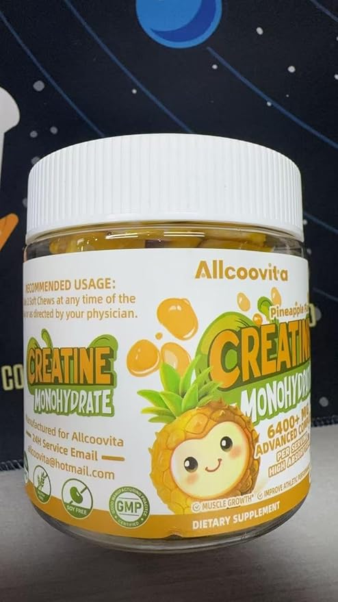 Creatine Monohydrate Chews Complex 6400mg for Men & Women -Advanced Formula W/L-Taurine + Vitamin B12, Sugar Free Chewable Supplement,60 Pineapple Softchews