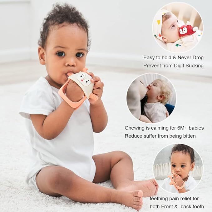 Smily Mia Teething Toys/Teethers for Babies 6-12 Months, Reindeer Baby Chew Toy 3-6 Months for Teething Relief, Get-A-Grip Baby Hand Teether, Silicone Teething Mittens for 0-6Months, Nude