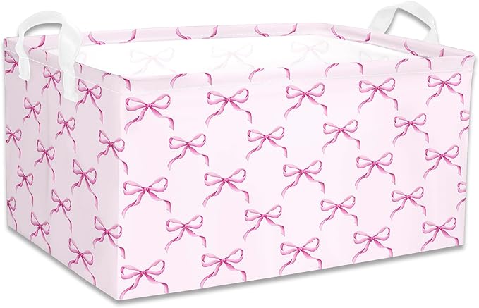 3 Pcs Pink Bow Storage Basket, Coquette Girls Rectangle Storage Bins Box with Handles, Bows and Chery Shelf Basket Ideal for Room Nursery Decor, Books, Organizing Clothes, Toys