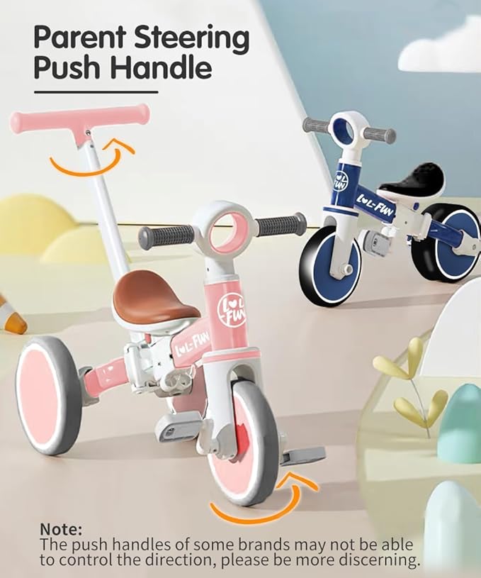 LOL-FUN Tricycle for Toddlers 1-3 Years Old Riding Toy, 5 in 1 Baby Balance Bike 2 Year Old Boys Girls with Parent Steering Push Handle