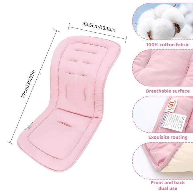 Baby Stroller Cushion,Infant Car Seat Insert-Reversible Universal Breathable and Soft Newborn Stroller Mat,100% Cotton Cover Toddler Seat Pad Liner-34x78cm,1 Pack(Beige+Pink)