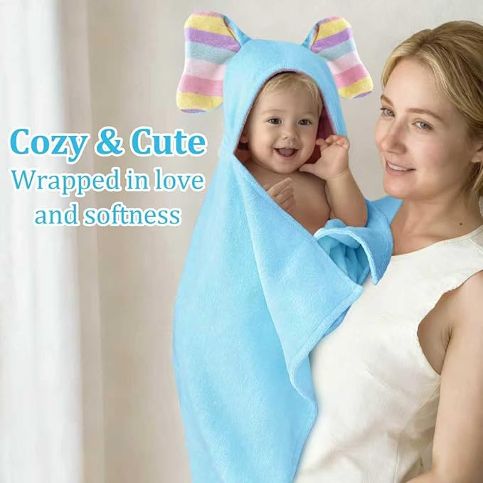 Thick Baby Hooded Bath Towel - 100% Cotton,500GSM, 33x31.5 Inches,0-2Years, Super Absorbent Large Towel with Cute Elephant Ears Hood for Newborn,Toddler,infant,Baby Essentials,Light Blue Blue