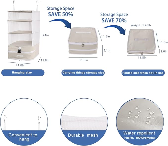 TABITORA Portable Hanging Travel Shelves Bag Packing Cube Organizer Suitcase Storage Large Capacity (Cream white L)