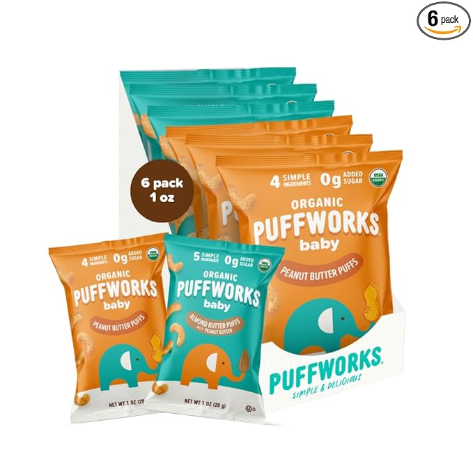 Puffworks Baby Peanut and Almond Variety Pack, Perfect for Early Peanut Introduction, Plant Protein, USDA Organic, Gluten-Free, Vegan, Non-GMO, Kosher, 1.0 Ounce (Pack of 6)