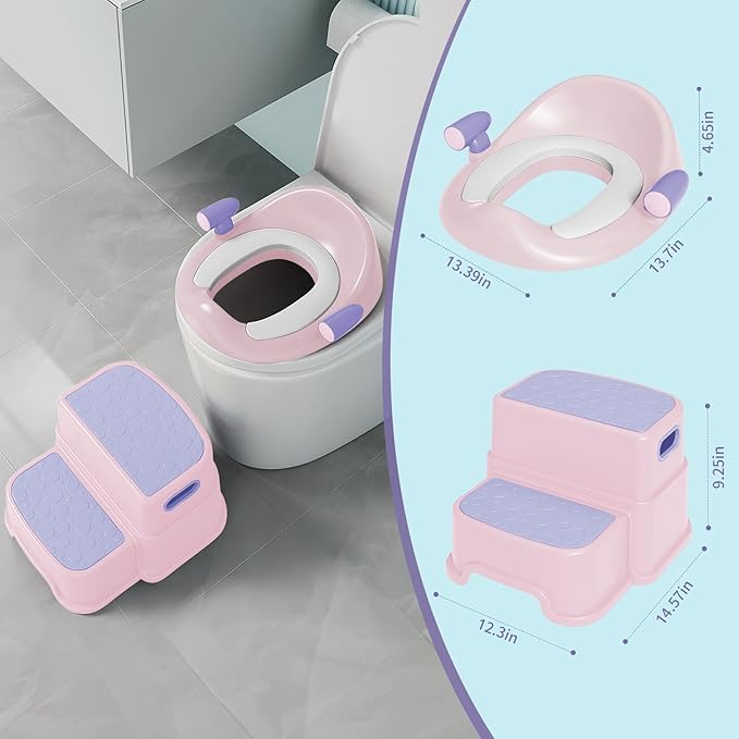 Potty Training Toilet Seat with Kids Step Stool Anti-Slip Toddler Potty Seat with Soft Cushion, Baby Potty Training Set Toddlers Toilet Seat for Boys and Girls (Pink)