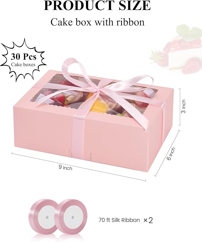 COTOPHER 30Pcs Cookie Boxes with Ribbons, 9x6x3 Inch Bakery Boxes with Window, Pink Treat Containers for Pastries, Chocolate Covered Strawberries, Dessert, Easter Candy, Muffins, Donuts