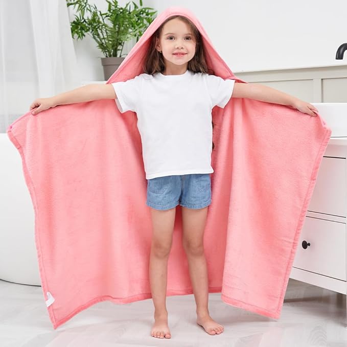 Hiturbo Kids Fleece Hooded Bath Towel: Soft Plush Pool Beach Towel Blanket - 50"x30" Toddler Towels Wrap for Boys Girls 3-12 Years (Pink)