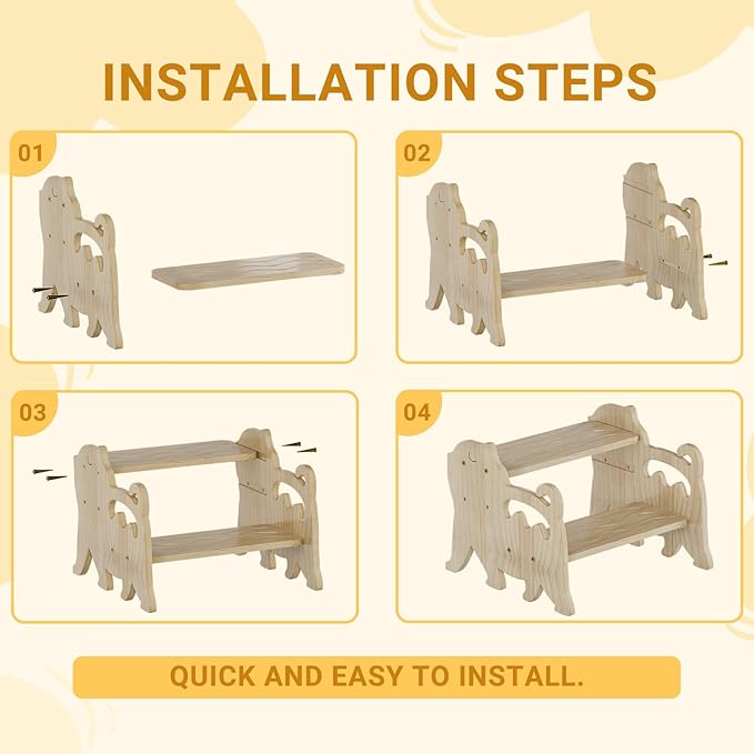 COSYLAND Toddler Step Stool for Bathroom Sink - Height Adjustable 2 Step Stool for Kids - Lovely Cat Style Wooden Potty Training Stool with Handles for Bathroom, Kitchen, Bedroom (Natural)