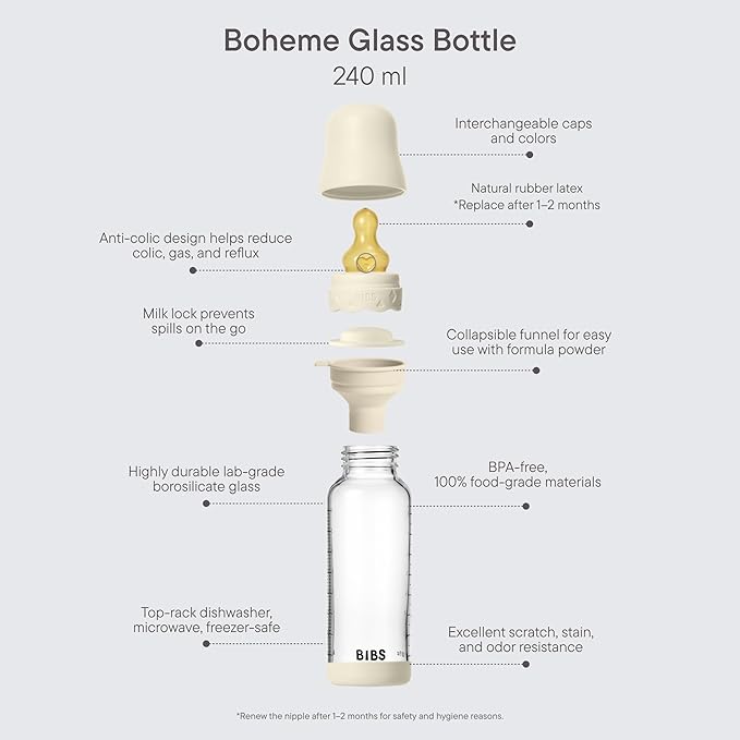 BIBS Boheme Baby Glass Bottle 8 oz /240 ml. Anti-Colic. Round Natural Rubber Latex Nipple. Supports Natural Breastfeeding - Blush