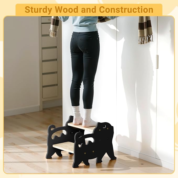 COSYLAND Kids Step Stool for Bathroom Height Adjustable - Lovely Cat Potty Training Stools for Toddlers - Wooden Stepping Stool with Handle for Bathroom Sink (Natural & Grey)