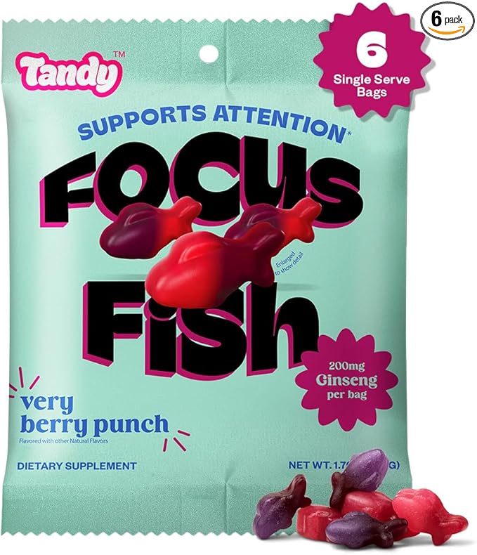 Tandy Focus Fish American Ginseng Gummies I Memory, Attention & Focus Gummies with Very Berry Punch Flavor I Gluten-Free Fast-Acting Dietary Brain Supplement Gummy I 6-Pack