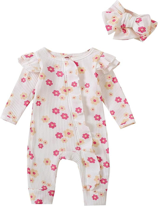 Cute Floral Floral Print Long Sleeve Infant Newborn Baby Girl Clothes Baby Girl Jumpsuit