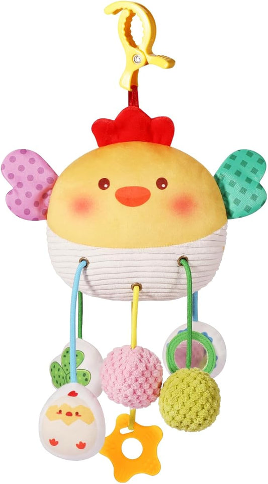 Baby Car Seat Toys 0-6 Months, Sensory Crib Hanging Soft Plush with Rattles, Crinkle Paper and Teether, Educational Toy for Baby Shower Newborn Infant Gifts (Yellow Chick)