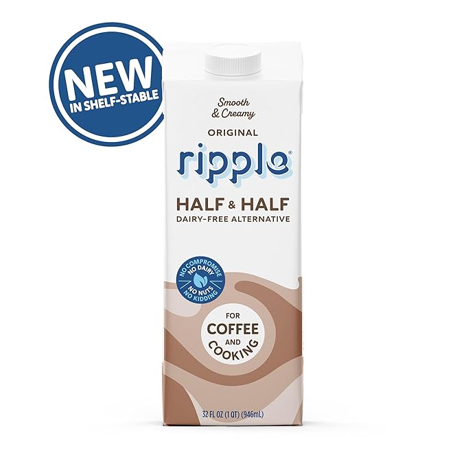 Ripple Plant Based Milk | 8g of Pea Protein | Shelf Stable | Vegan & Non GMO | Dairy, Soy, Nut, Gluten, & Lactose Free 32 Fl Oz (32 Fl Oz (Pack of 6), Half & Half)