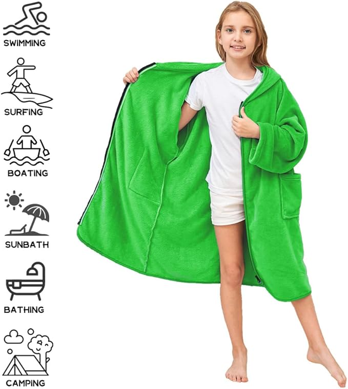 Hiturbo Kids Bath Towel Hoodie: Soft Plush Zipper Surf Poncho - Warm Fleece Changing Towels Swimming Outerwear (Green)