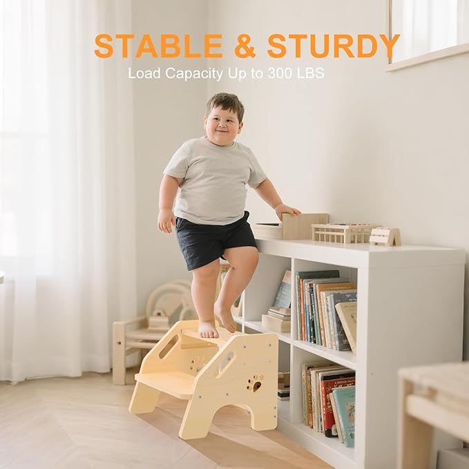 Toddler Step Stool Wooden - Height-Adjustable Kids 2 Step Stool Ladder with Cute Bear Design for Bathroom Sink Toilet Potty Training Kitchen Bedroom