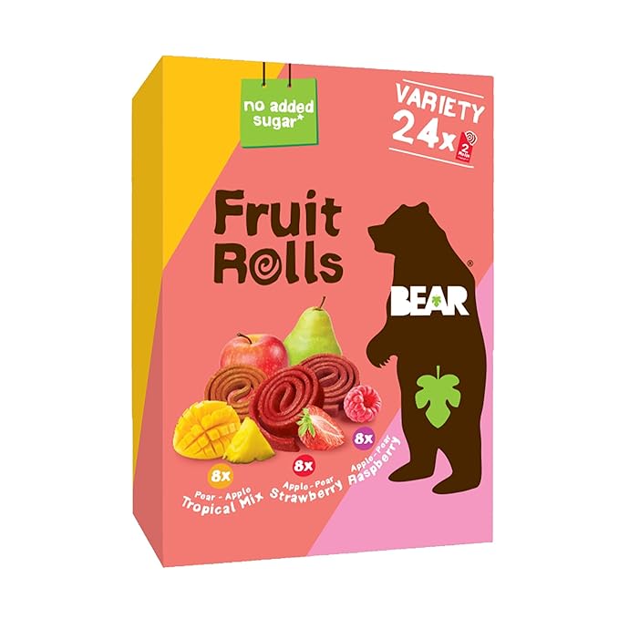 BEAR Real Fruit Snack Rolls - Gluten Free, Vegan, and Non-GMO - Variety Pack (Strawberry, Raspberry, Tropical)) – Healthy School And Lunch Snacks For Kids And Adults, 0.7 Ounce (Pack of 24)