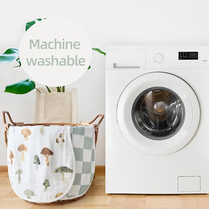 LifeTree Muslin Baby Burp Cloths - 2 Pack 70% Viscose from Bamboo and 30% Cotton Large 22'' by 10'' Absorbent Milk Spit Up Rags - Burping Cloths for Newborn, Girls Boys, Mushroom and Green Checkered