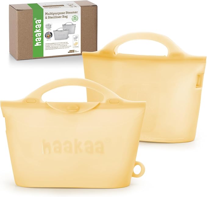 Haakaa Silicone Microwave Steamer & Steriliser Bag,70oz/2000ml Large Capacity Reusable Steaming Bags for Baby Bottles,Breast Pump/Accessories/Pacifiers/Teethers,Great for Home&On-The-Go,Pineapple/2PCS