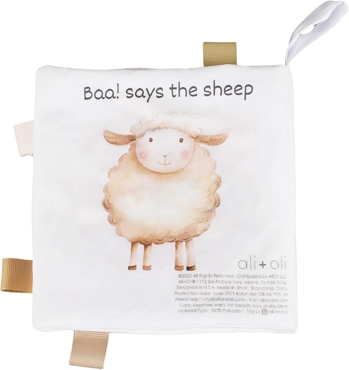 Ali+Oli Baby Cloth Book – Soft Sensory Crinkle Book for Infants 0-12 Months – Early Learning Touch & Feel Tummy Time Toy – Colorful taggies - Newborn Shower Gift - Farm Animals