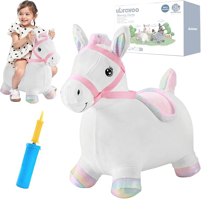 Hopper Toy 2 Year Old Boy, Toddler Plush Bounce Animals, Ride on Bouncing Plush Inflatable Horse, Outdoor Indoor Hopping Horse Bouncer, Birthday Gifts for 18m -5 Years Old Kid (White)