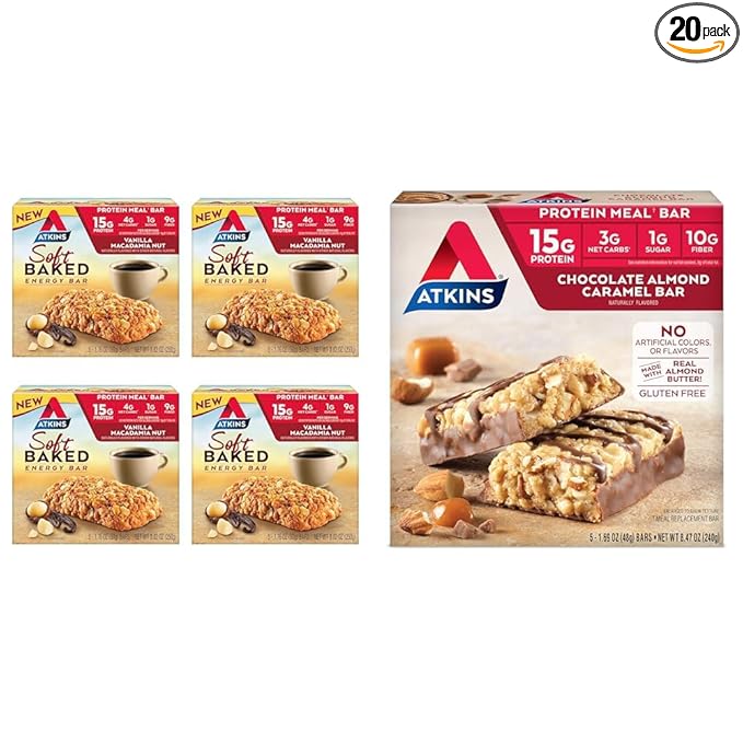 Atkins Soft Baked Vanilla Macadamia Nut Meal Bars, 15g Protein, 4 Packs (20 Bars); Chocolate Almond Caramel Bars, 5 Count