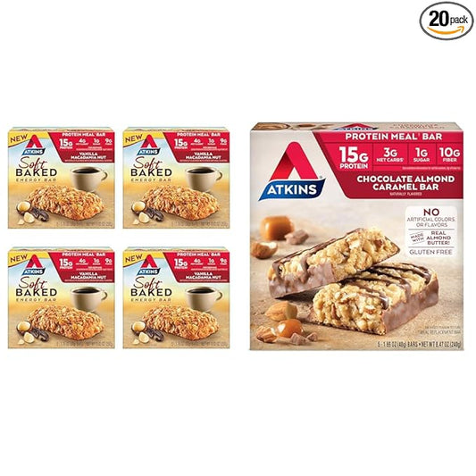 Atkins Soft Baked Vanilla Macadamia Nut Meal Bars, 15g Protein, 4 Packs (20 Bars); Chocolate Almond Caramel Bars, 5 Count
